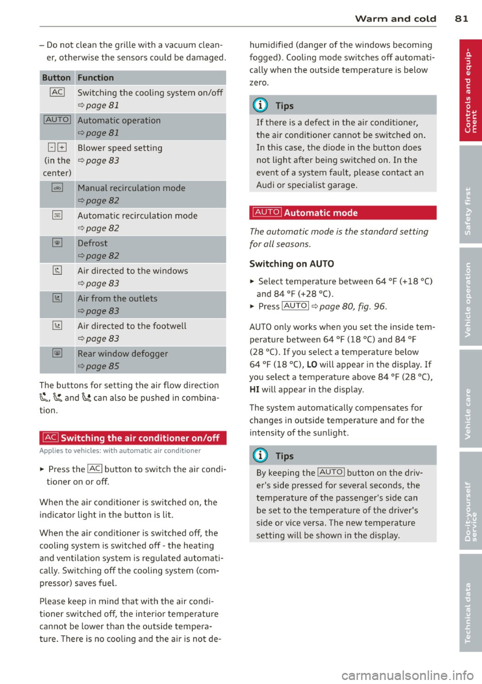 AUDI S3 2012 User Guide -Do not clean the gri lle with a vacuum clean
er, otherwise the sensors cou ld be damaged .
Function
!ACI Switching the cooling system on/off
q page 81
!AUTO I Automatic operatio AUDI S3 2012 User Guide -Do not clean the gri lle with a vacuum clean
er, otherwise the sensors cou ld be damaged .
Function
!ACI Switching the cooling system on/off
q page 81
!AUTO I Automatic operatio