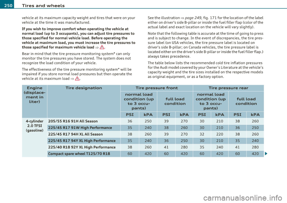 AUDI S3 2011 Owners Manual -~_T_ i_ re _ s_ a_n _ d_ w_ h _e_ e_ ls _________________________________________________ _
vehicle at its maximum capacity weight and tires that were on your
vehicle at the tim e it AUDI S3 2011 Owners Manual -~_T_ i_ re _ s_ a_n _ d_ w_ h _e_ e_ ls _________________________________________________ _
vehicle at its maximum capacity weight and tires that were on your
vehicle at the tim e it