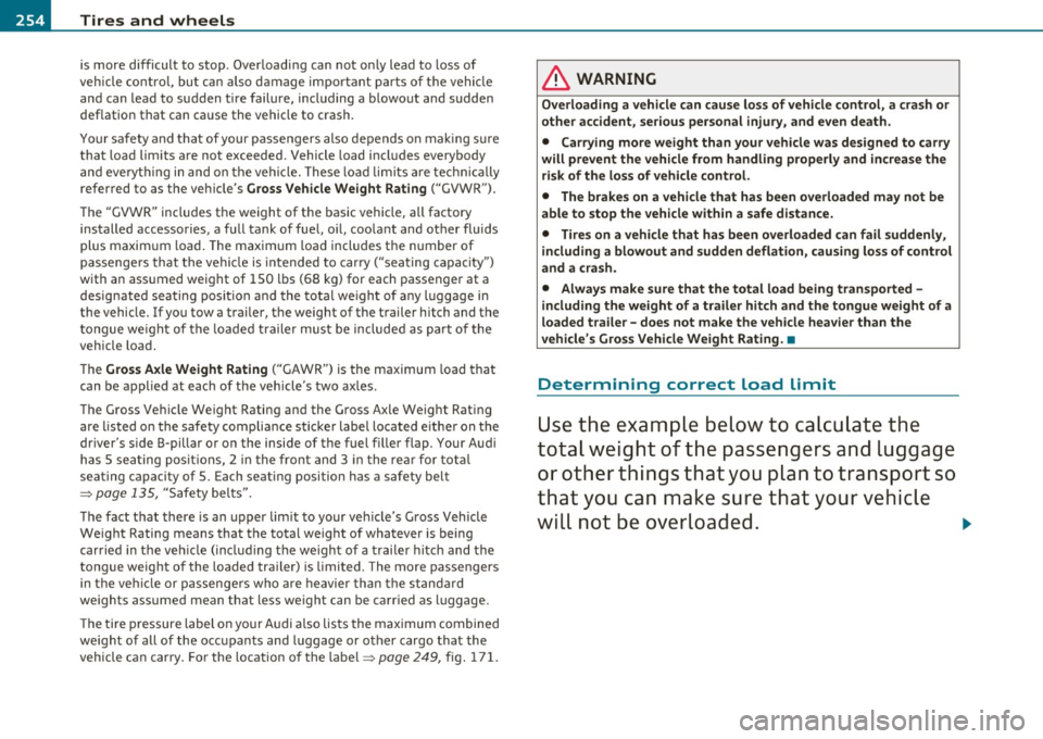 AUDI S3 2011 Owners Manual _L_T.:...:..: i r~ e:.: s~ a:::. n:..:..:: d:.....: w..:...:. h::e:.: e::.:: ls::::._ ______________________________________________ _
is more difficult to stop. Overloading can not only le AUDI S3 2011 Owners Manual _L_T.:...:..: i r~ e:.: s~ a:::. n:..:..:: d:.....: w..:...:. h::e:.: e::.:: ls::::._ ______________________________________________ _
is more difficult to stop. Overloading can not only le
