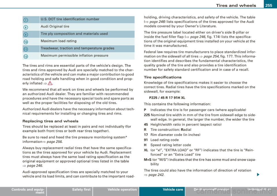 AUDI S3 2010 Owners Manual Tires a nd wh eels -
----------------
•
0
-
©
®
U.S. DOT tire identification number
Audi Original tire
Tire ply composition and materials used Maximum load rating
Treadwear, AUDI S3 2010 Owners Manual Tires a nd wh eels -
----------------
•
0
-
©
®
U.S. DOT tire identification number
Audi Original tire
Tire ply composition and materials used Maximum load rating
Treadwear,