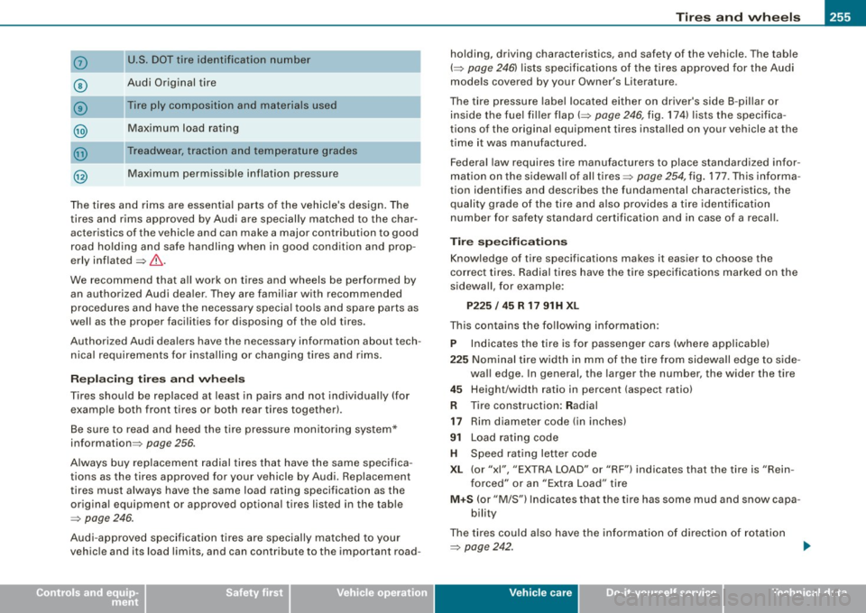 AUDI S3 2010  Owners Manual Tires  a nd  wh eels  -
----------------
• 
0 
-
© 
® 
U.S. DOT tire  identification  number 
Audi  Original  tire 
Tire  ply  composition  and  materials  used  Maximum  load  rating 
Treadwear, 