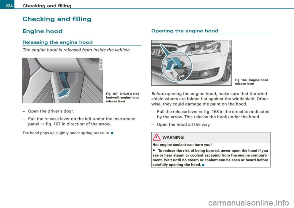 AUDI S3 2009 Owners Manual ___ C_h_ e_ c_k _in --== g-- a_n _d_ f_il _li _n ..:::g:::..- ___________________________________________ _
Checking and filling
Engine hood
Releasing the engine hood
The engine hood is AUDI S3 2009 Owners Manual ___ C_h_ e_ c_k _in --== g-- a_n _d_ f_il _li _n ..:::g:::..- ___________________________________________ _
Checking and filling
Engine hood
Releasing the engine hood
The engine hood is