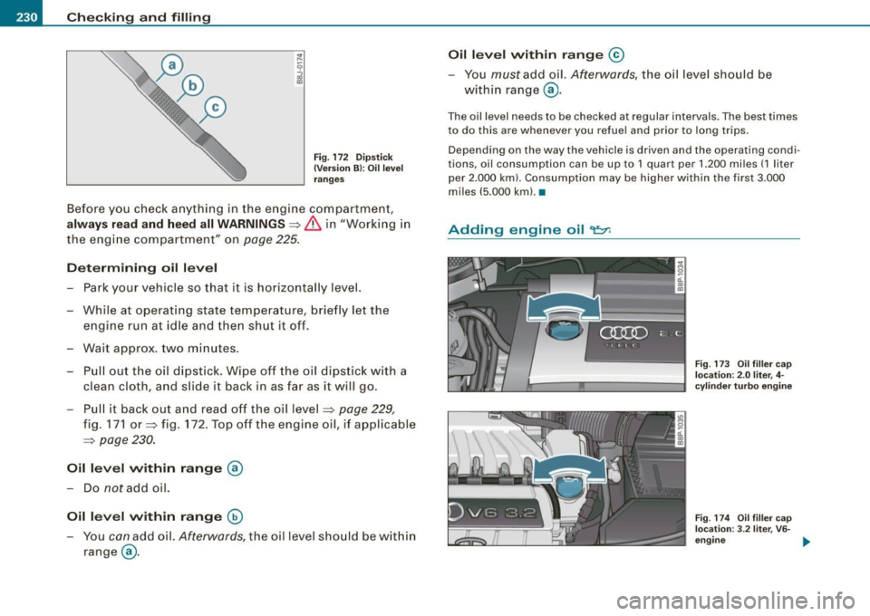 AUDI S3 2009 Owners Manual ___ C_h_ e_ c_k _in --== g-- a_n _d_ f_il _li _n ..:::g:::..- ___________________________________________ _
Fig. 172 Dipstick
(Version B): Oil level
ranges
Before you check anything in th AUDI S3 2009 Owners Manual ___ C_h_ e_ c_k _in --== g-- a_n _d_ f_il _li _n ..:::g:::..- ___________________________________________ _
Fig. 172 Dipstick
(Version B): Oil level
ranges
Before you check anything in th