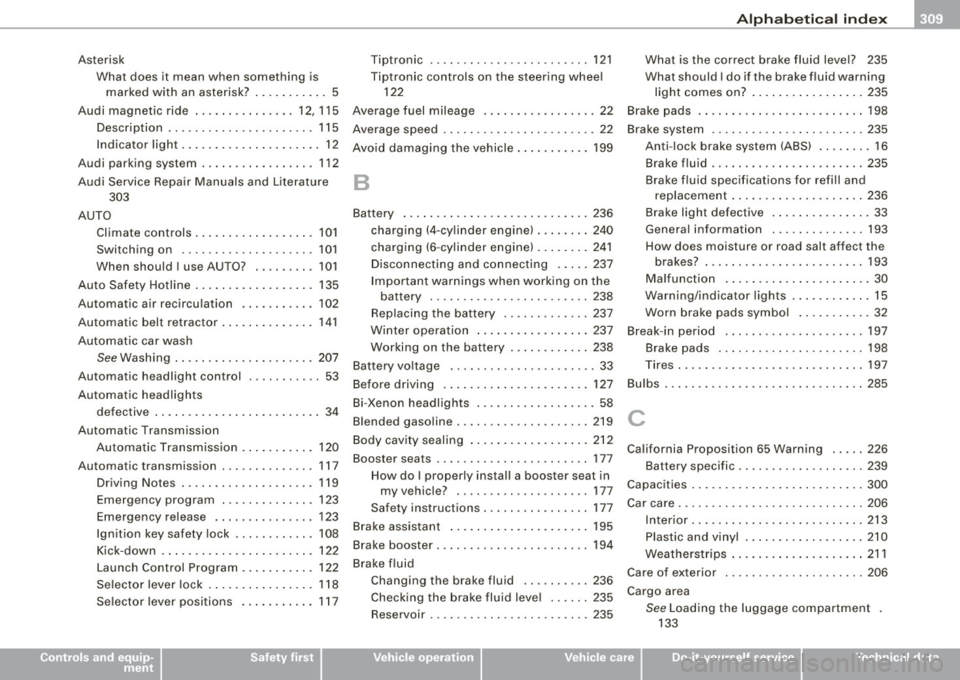 AUDI S3 2009 Service Manual ______________________________________________ A_ l_,_ p _h_ a_ b_e _t_i c_ a _ l _in _ d_e _ x __ lll
Asterisk
What does it mean when something is marked with an asterisk? ... .. .. .. .. AUDI S3 2009 Service Manual ______________________________________________ A_ l_,_ p _h_ a_ b_e _t_i c_ a _ l _in _ d_e _ x __ lll
Asterisk
What does it mean when something is marked with an asterisk? ... .. .. .. ..