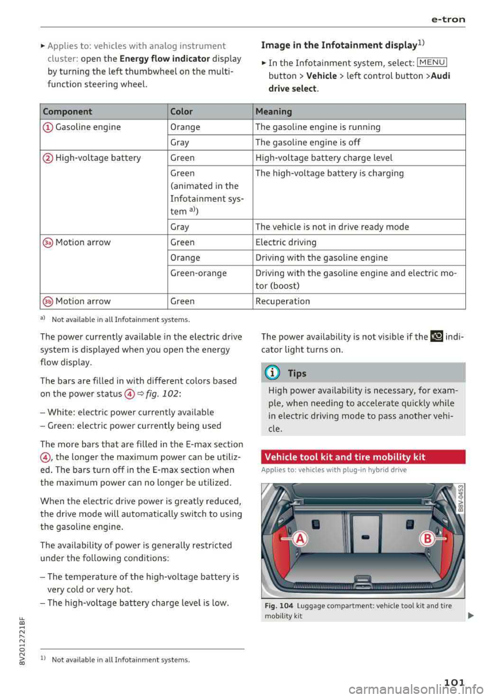 AUDI A3 SEDAN 2018  Owners Manual LL co .... N 
" N 
~ Applies  to:  vehicles  with  analog  instrument cluster:  open  the 
Energy  flo w ind icator disp lay 
by turning  the  left  thumbwhee l on  the  mult i­
function  steering  w