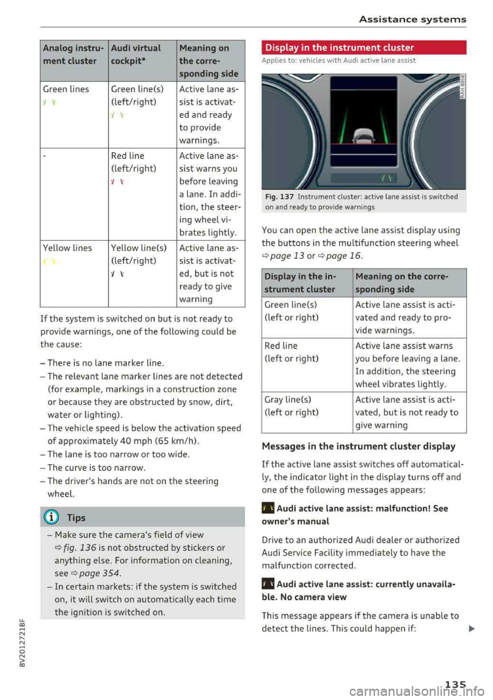 AUDI A3 SEDAN 2018  Owners Manual LL co .... N 
" N .... 0 N > co 
Analog  instru- Audi virtual  Meaning  on ment  cluster  cockpit* the  corre- 
sponding  side 
Green  lines  Green  li ne(s)  Active  lane as-
/ \ (left/right)  sist
