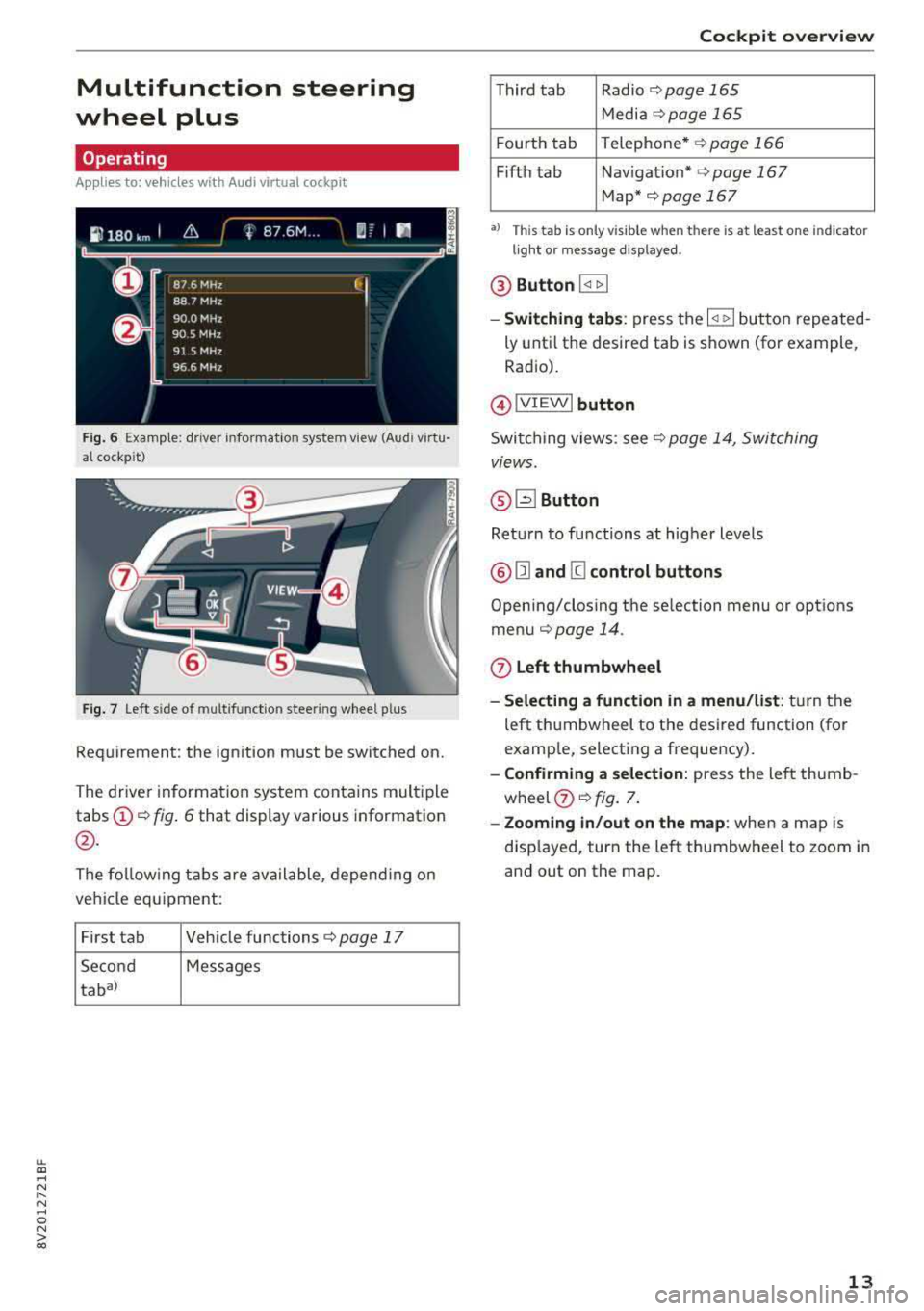 AUDI A3 SEDAN 2018 User Guide LL co .... N 
" N .... 0 N > co 
Multifunction  steering 
wheel  plus 
Operating 
A pp lies  to: ve hicles  with  Audi virtual  cockpi t 
Fig. 6 Example:  driver  information system  v iew  (Aud i vir
