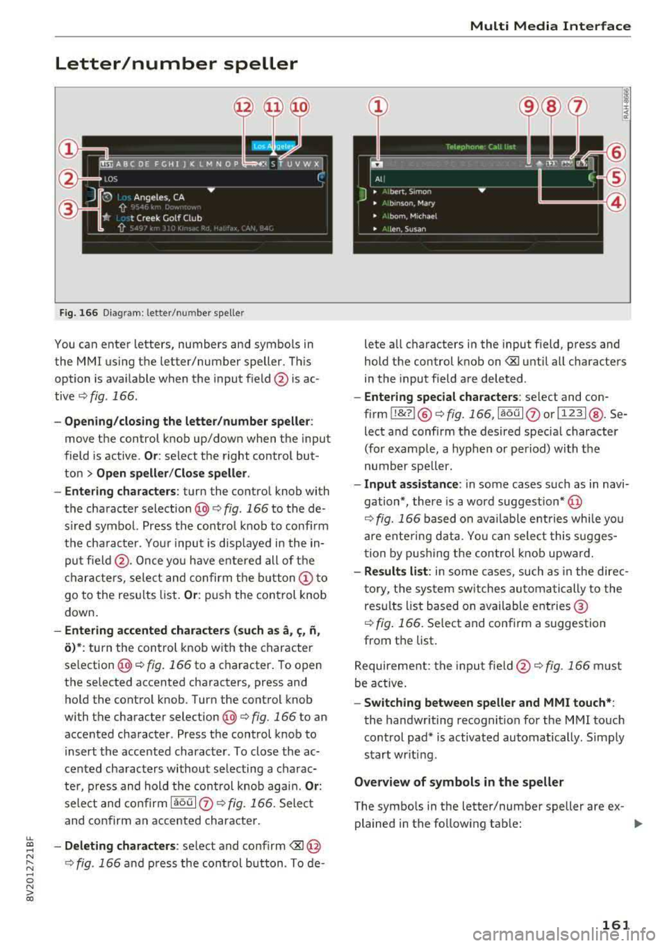 AUDI A3 SEDAN 2018  Owners Manual LL co .... N 
" N .... 0 N > co 
Letter/number  speller 
Fig . 1 66 Diagram : letter/ num be r spelle r 
You can  ente r letters,  numbers  and  symbo ls  in 
the  MMI us ing  the  letter/number  spel