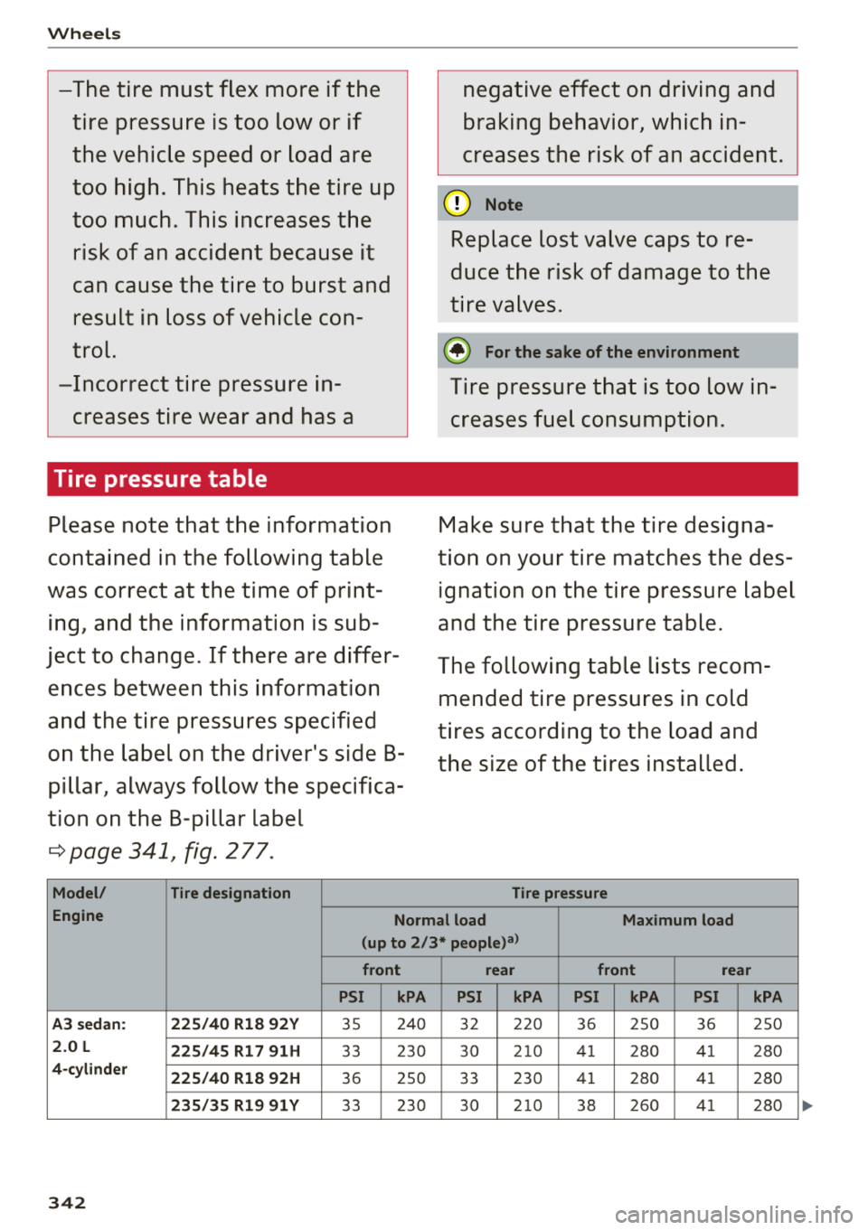 AUDI A3 SEDAN 2018  Owners Manual Wheels 
-The tire  must  flex  more  if the 
tire  pressure  is too  low or  if  
the  vehicle  speed  or  load  are 
too  high.  This heats  the  tire  up  
too  much.  This increases  the 
risk of  