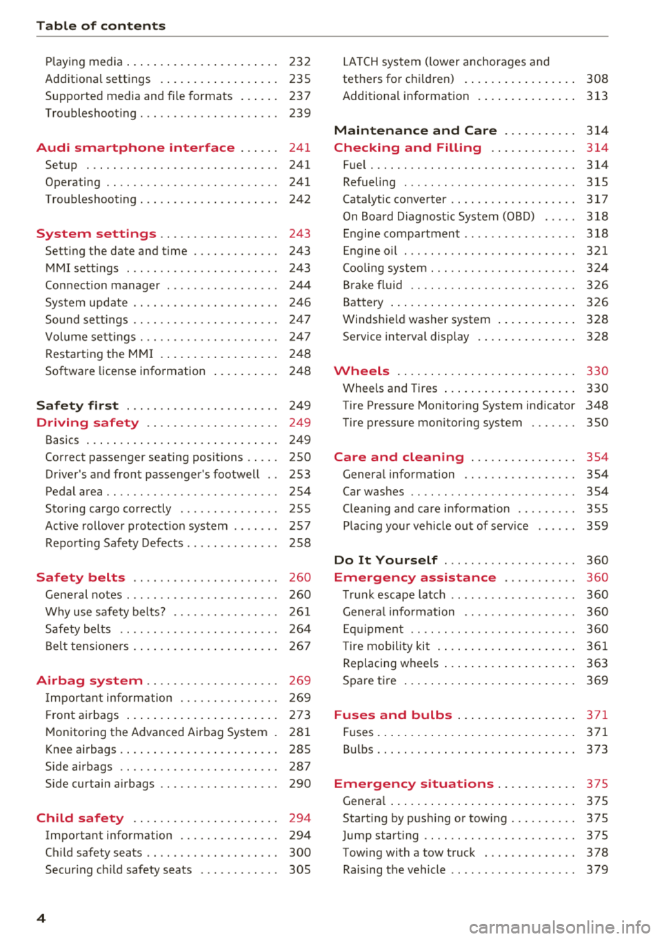 AUDI A3 SEDAN 2018  Owners Manual Table of  contents 
Playing  media  . . . . . .  . .  . . . . .  . . .  . .  . .  . . .  232 
Additiona l settings  .  . .  . . . . .  . . .  . .  . .  . . .  235 
Supported  media  and fi le formats 