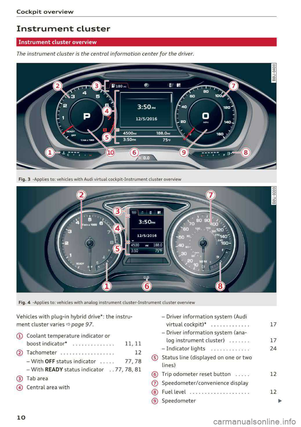 AUDI A3 SEDAN 2017 User Guide Cockpit  overview 
Instrument  cluster 
Instrument  cluster  overview 
The instrument  cluster is the  central  information  center  for  the  driver. 
F ig . 3 -App lies  to:  vehicles  wi th Aud i v
