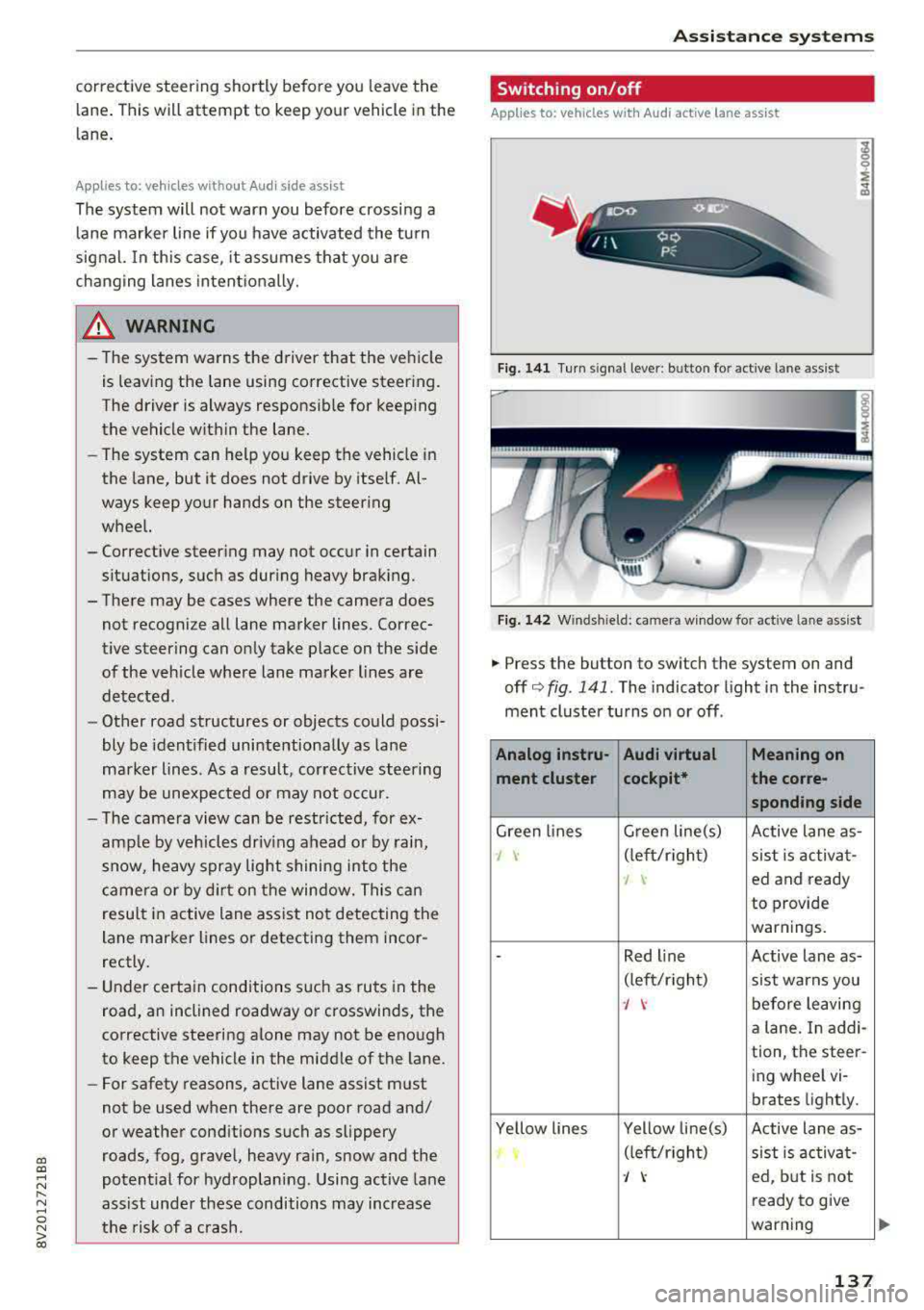 AUDI A3 SEDAN 2017  Owners Manual a,  a, ..... N 
" N ..... 0 N > 00 
corrective  steering  shortly  before  you  leave  the lane . This  will attempt  to  keep  your  vehicle  in the 
lane . 
Appl ies to: veh icles  without  Audi sid