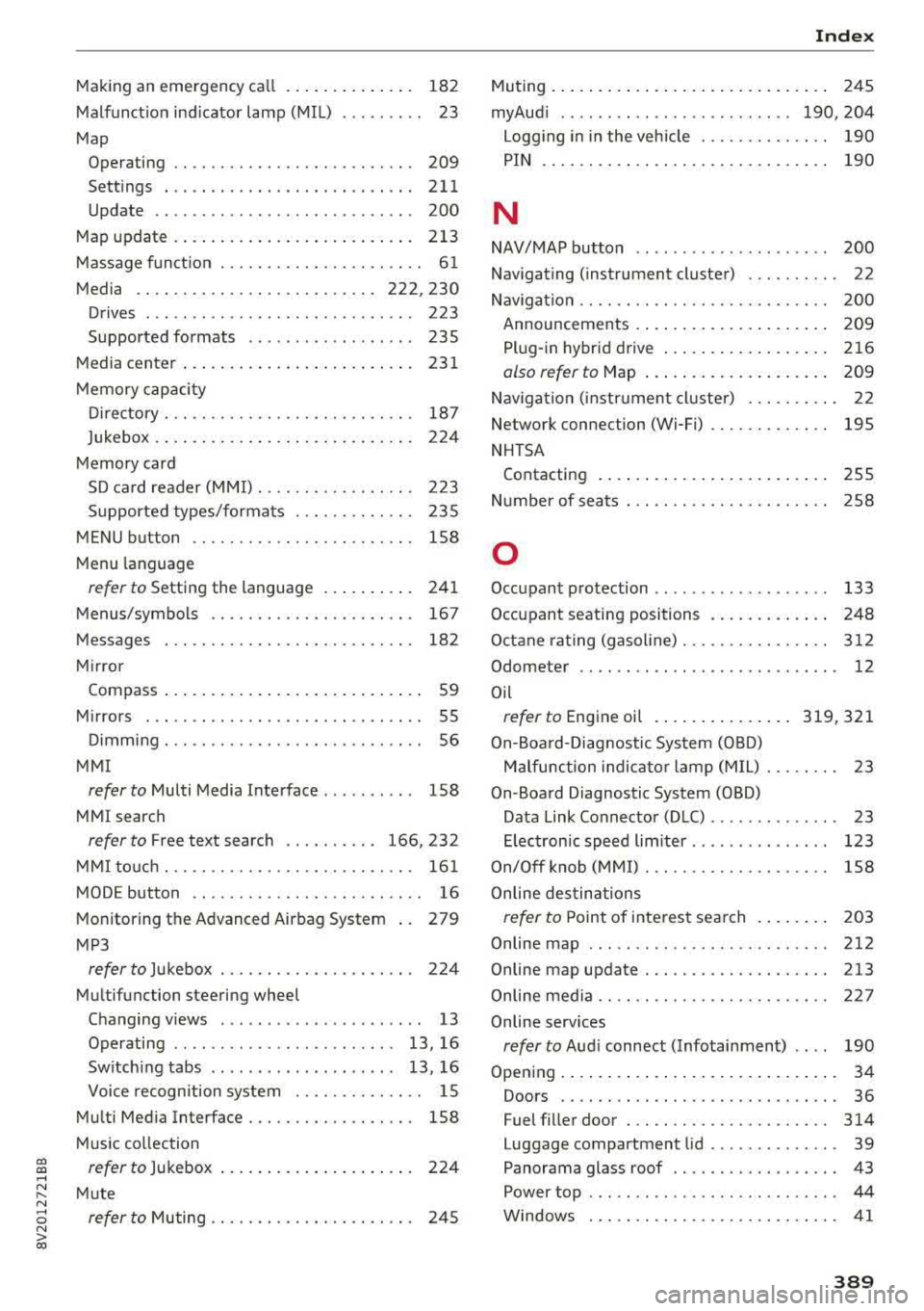 AUDI A3 SEDAN 2017  Owners Manual CXl  CXl .... N ,.__ 
N .... 0 N > 00 
Making an emergency  ca ll . . . . .  . .  . .  . . . .  . 182 
Malfunction  indicator  lamp  (MIL)  . . . . . .  . . .  23 
Map  Operating  . .  . .  . . . .  .