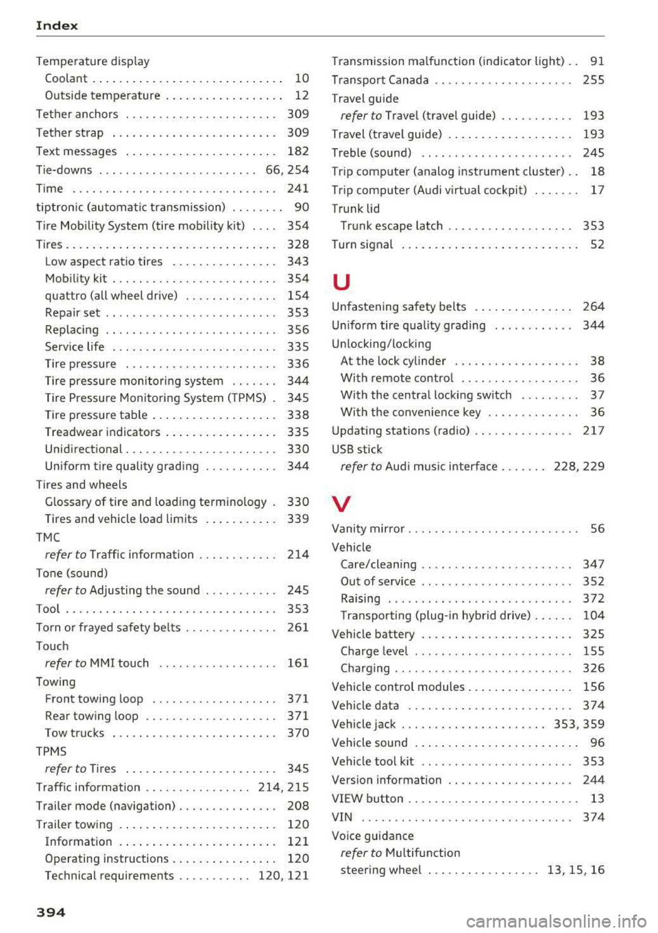 AUDI A3 SEDAN 2017  Owners Manual Index 
Temperature  display Coolant  .  . . .  . . . .  . . .  .  . . . . . .  . . .  . .  . .  . . . . 
10 
Outside  temperature  . . .  . . . .  . . .  . .  . .  . .  . . 12 
Tether  anchors  .  . .