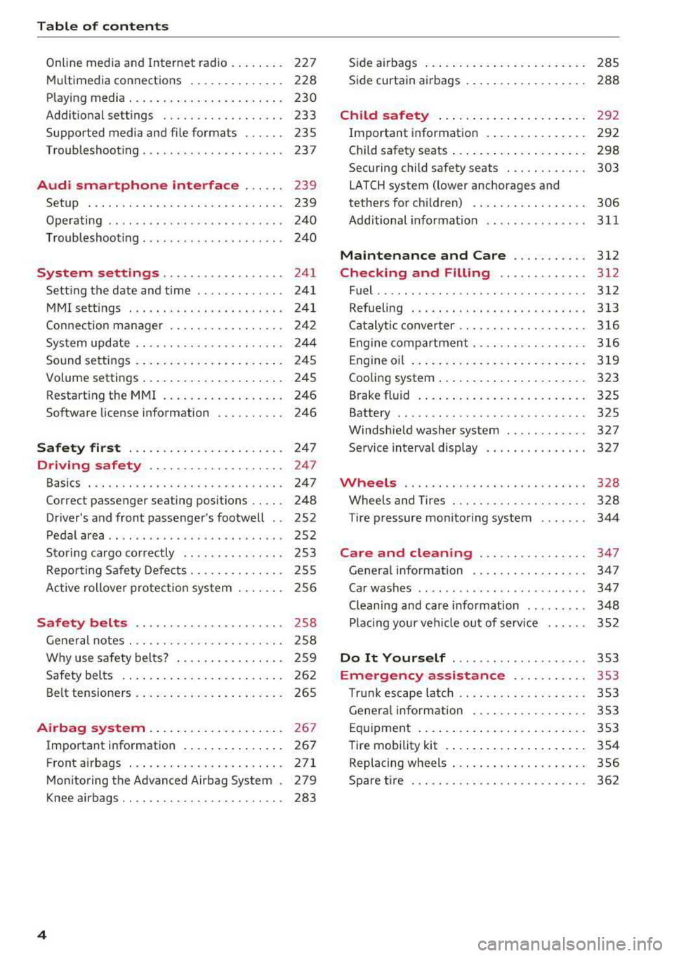 AUDI A3 SEDAN 2017  Owners Manual Table of  content s 
Online  media  and  Internet  radio  . . .  . .  . . .  227 
Mu ltim edia connections  . . . .  . . .  . . .  . . . .  228 
Playing  media  . . .  . . .  . . .  . . . .  . . .  . 