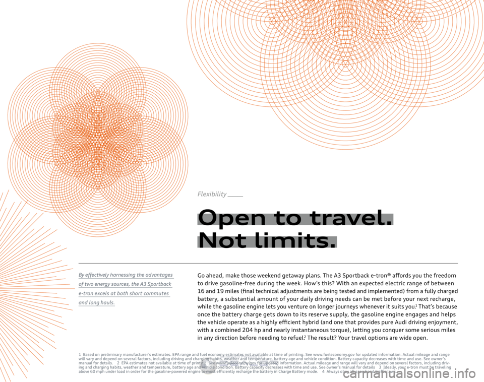 AUDI A3 SPORTBACK E-TRON 2016  Owners Manual 1 Based on preliminary manufacturer’s estimates. EPA range and fuel economy estimates not available at time of printing. See www.fueleconomy.gov for updated information. Actual mileage and range 
wi