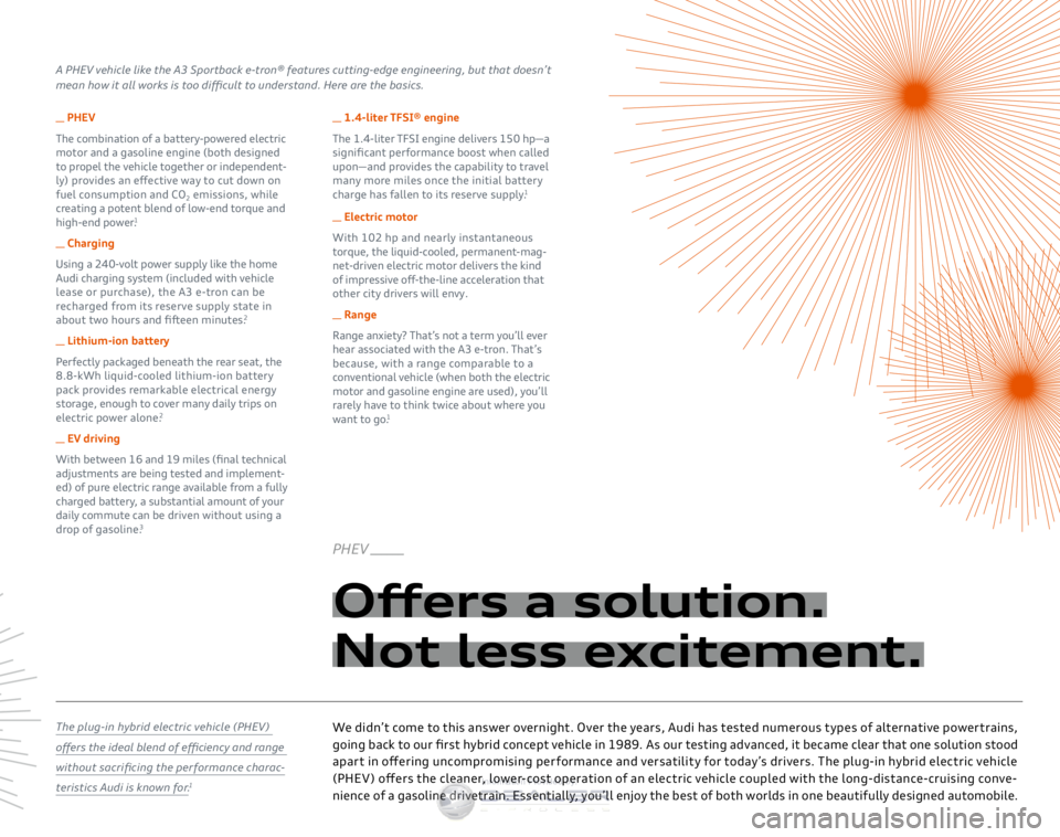 AUDI A3 SPORTBACK E-TRON 2016  Owners Manual PHEV ______
Offers a solution. 
Not less excitement.
We didn’t come to this answer overnight. Over the years, Audi has tested numerous t ypes of alternative powertrains, 
going back to our first hyb