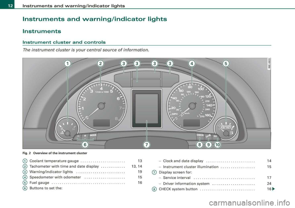 AUDI A4 AVANT 2008 Owners Manual Instruments and warning /indi cator lights
Instruments and warning/indicator lights
Instruments
Instrument cluster and controls
The instrument cluster is your central source of in AUDI A4 AVANT 2008 Owners Manual Instruments and warning /indi cator lights
Instruments and warning/indicator lights
Instruments
Instrument cluster and controls
The instrument cluster is your central source of in