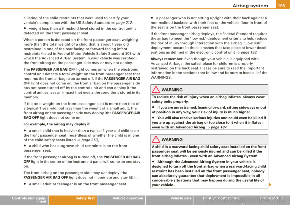 AUDI A4 AVANT 2008 Owners Manual __________________________________________________ A_ i_ r _b _a- g=- s_ y=-- s_t _e _m ______ lllll
a listing of the child restraints that were used to certify your
veh ic le s compli AUDI A4 AVANT 2008 Owners Manual __________________________________________________ A_ i_ r _b _a- g=- s_ y=-- s_t _e _m ______ lllll
a listing of the child restraints that were used to certify your
veh ic le s compli