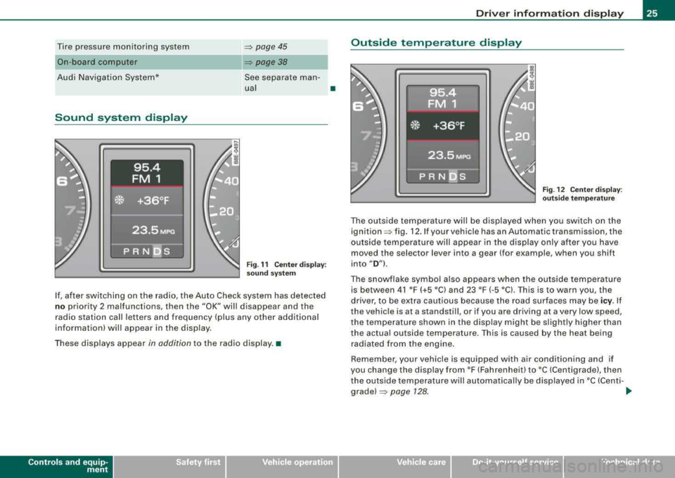 AUDI A4 AVANT 2008  Owners Manual Tire  pressure  monitoring  system 
On-board  computer 
Audi  Navigation  System* 
Sound  system  display 
~ page45 
~ page38 
See separate  man-
ual  • 
Fig. 1 1  Center  d isp lay: 
sound  system 