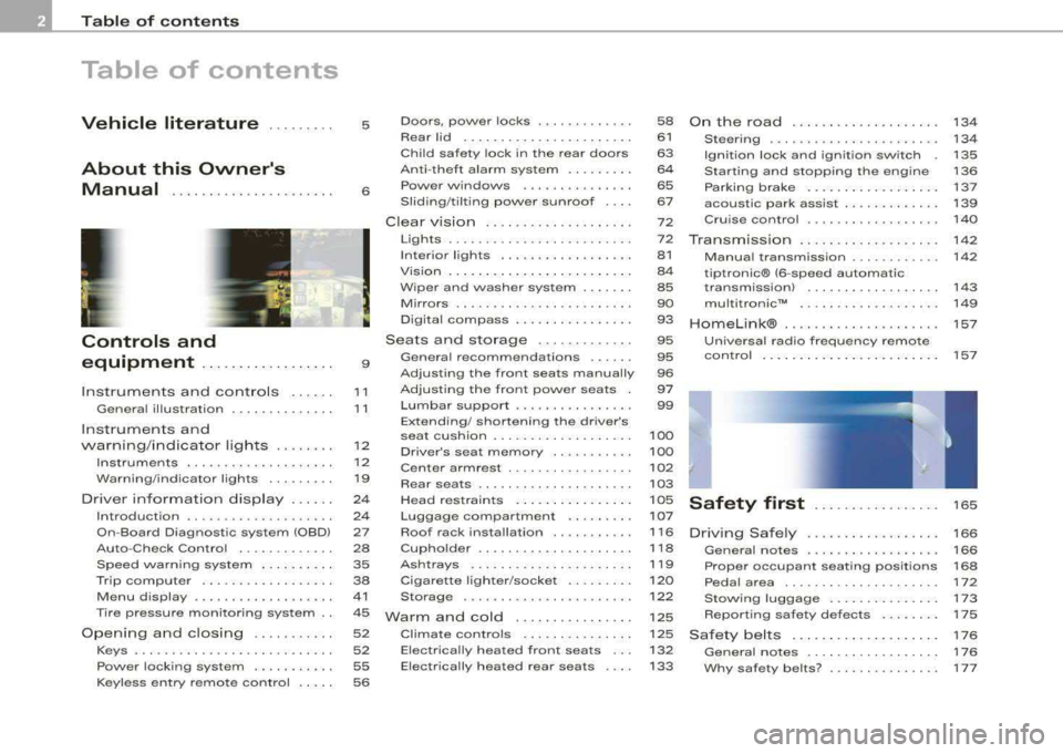 AUDI A4 AVANT 2008  Owners Manual Table  of contents 
Table  of  contents 
Vehicle  literature  ........ . 
About  this  Owners  Manual  .....................  . 
Controls  and  
equipment  .. ... ... ........ . . 
Inst rumen ts  and