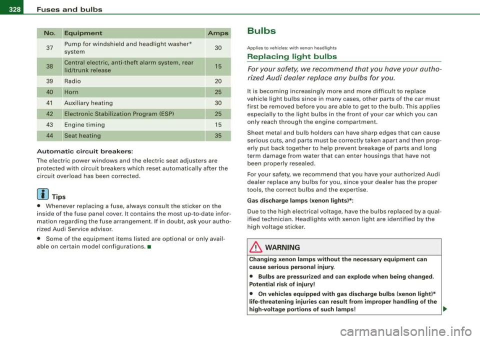 AUDI A4 AVANT 2008 Owners Manual 11111.___F_ u_ s_ e_s _ a_ n_d _ b_u_ l_ b _ s ______________________________________________ _
No.
37
38
39
40
41
43
44
Equipm ent
Pump for windshie ld and headlight washer *
system AUDI A4 AVANT 2008 Owners Manual 11111.___F_ u_ s_ e_s _ a_ n_d _ b_u_ l_ b _ s ______________________________________________ _
No.
37
38
39
40
41
43
44
Equipm ent
Pump for windshie ld and headlight washer *
system