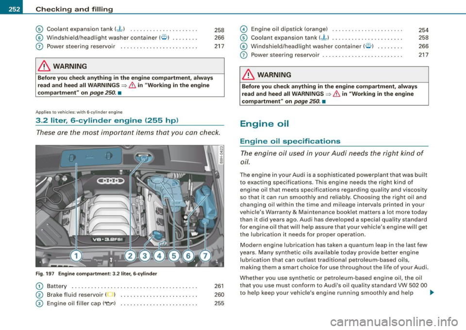 AUDI A4 CABRIOLET 2009 Owners Manual -Ch
ecking and filling
_ _..;:::;__=----------------
©
©
0
Coolant expansion tank (.J_ J .. .. .. .. . ... .. .. .... .
Windshield/head light washer container ( O ) ..... .. .
Po wer AUDI A4 CABRIOLET 2009 Owners Manual -Ch
ecking and filling
_ _..;:::;__=----------------
©
©
0
Coolant expansion tank (.J_ J .. .. .. .. . ... .. .. .... .
Windshield/head light washer container ( O ) ..... .. .
Po wer
