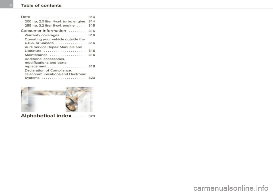 AUDI A4 CABRIOLET 2009  Owners Manual Table  of contents 
Data .... .. . ... ... ...... ..... ... . 314 
200  hp,  2.0  liter  4 -cy l. turbo  eng ine  314 
255  hp, 3.2 liter  6-cyl.  engine  . . . .  .  315 
Consumer  Information  ... .