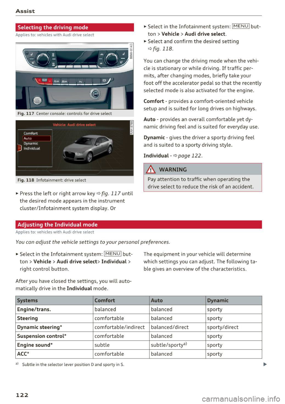 AUDI A4 2017 Workshop Manual Assist
Selecting the driving mode
Applies to: vehicles with Audi drive select
:... ~ -!. .:· ~ .:
LI , Ill .. tJ
------
Fig. 117 Center console: controls for drive select
Fig. 118 AUDI A4 2017 Workshop Manual Assist
Selecting the driving mode
Applies to: vehicles with Audi drive select
:... ~ -!. .:· ~ .:
LI , Ill .. tJ
------
Fig. 117 Center console: controls for drive select
Fig. 118