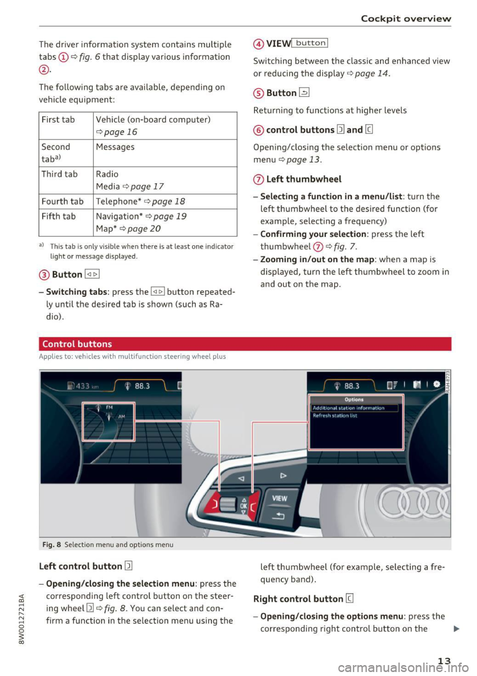 AUDI A4 2017 User Guide The  driver informa tion  system  contains  mult iple 
tabs ©¢ 
fig. 6 that  display  various  information 
@. 
The  fo llow ing  tab s  are  ava ilable,  depend ing  o n 
ve hicl e  equ ipment: 
Fi
