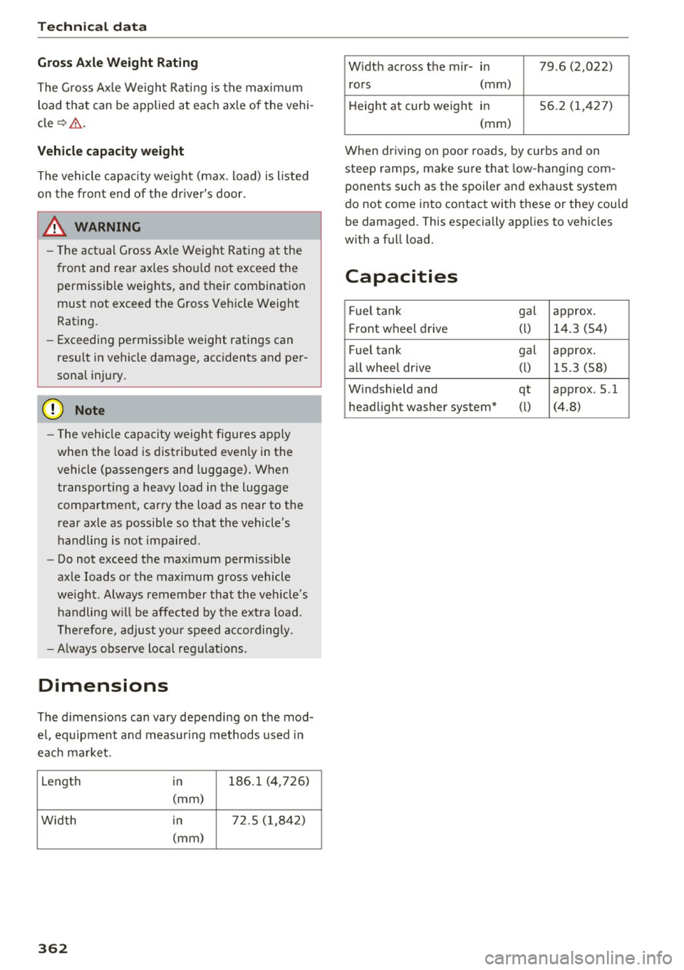 AUDI A4 2017 Owners Manual Tech nical data
Gross Axle Weight Rating
The G ross Ax le We ight Rating is the max imum
load that can be applied at each axle of the vehi
cle ¢& .
Vehicle capacity weight Th AUDI A4 2017 Owners Manual Tech nical data
Gross Axle Weight Rating
The G ross Ax le We ight Rating is the max imum
load that can be applied at each axle of the vehi
cle ¢& .
Vehicle capacity weight Th