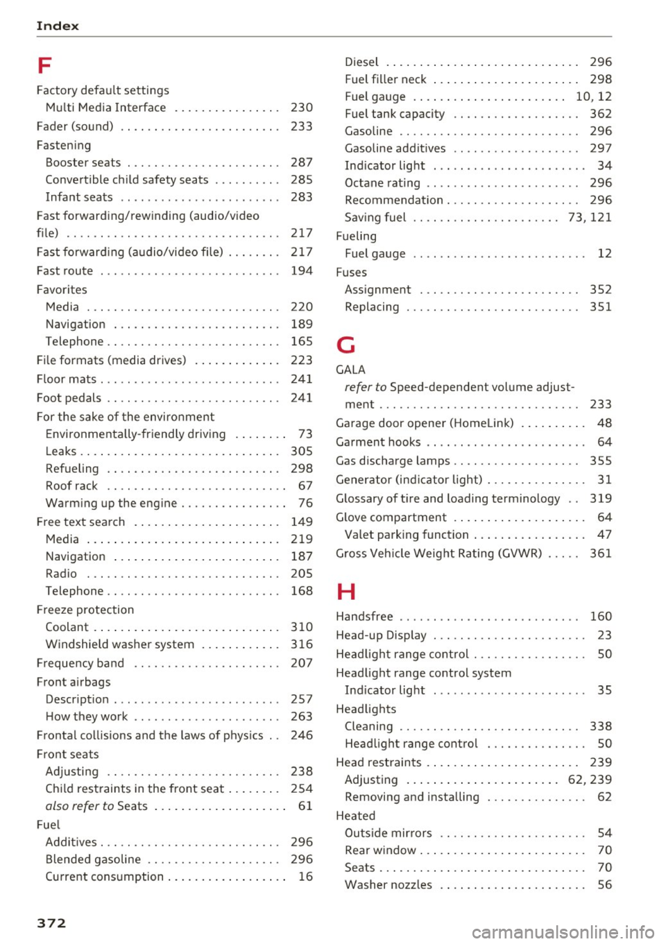 AUDI A4 2017  Owners Manual Index 
F 
Factory  defa ult  settings 
Mul ti  Med ia  Interface  .  . . . . .  . . .  . .  . .  . . . 
230 
Fader  (sound)  . . . .  . . .  . .  . . . . .  . . .  . . . .  . .  . 233 
Fasten ing 
Boo