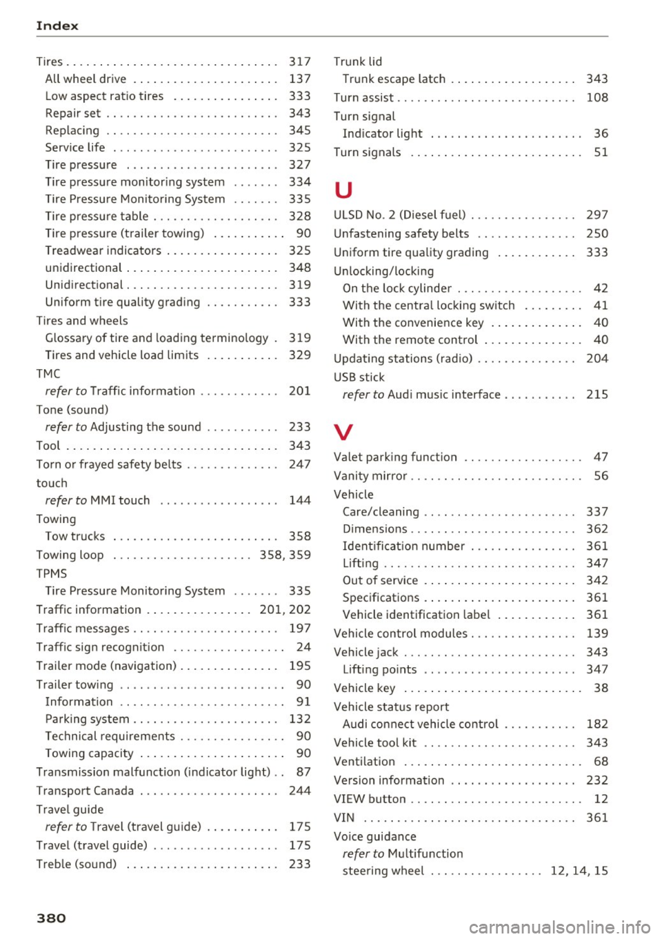 AUDI A4 2017  Owners Manual Index 
Tires.... .. .... ... .. .. ..... ... .. .. ...  317 
All  whee l drive  .  . . . .  .  . . . . . .  . . .  . .  . .  . . .  13 7 
L ow  aspect  rat io tires  .  . . . . .  . . .  . .  . .  . .