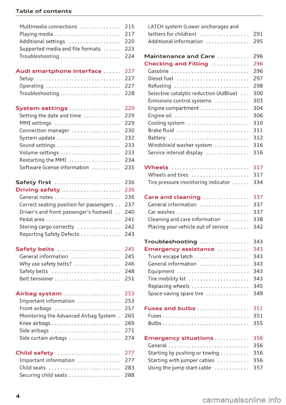 AUDI A4 2017  Owners Manual Table of  content s 
Multimedia  connections  . . . .  . . .  . .  . .  . . .  215 
P laying  m edia  . . .  . . .  .  . . . . . .  . . .  . .  . .  . . .  217 
Addit iona l sett ings  .  . . .  . . .