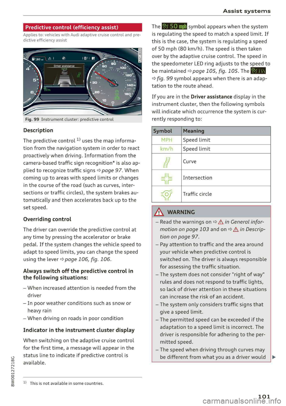 AUDI A4 2019 Owners Guide 8W0012721BG
Assistsystems
Predictivecontrol(efficiencyassist)
Appliesto:vehicleswithAudiadaptivecruisecontrolandpre-
dictiveefficiencyassist
Fig.99Instrumentcluster:predictivecontrol
Description AUDI A4 2019 Owners Guide 8W0012721BG
Assistsystems
Predictivecontrol(efficiencyassist)
Appliesto:vehicleswithAudiadaptivecruisecontrolandpre-
dictiveefficiencyassist
Fig.99Instrumentcluster:predictivecontrol
Description