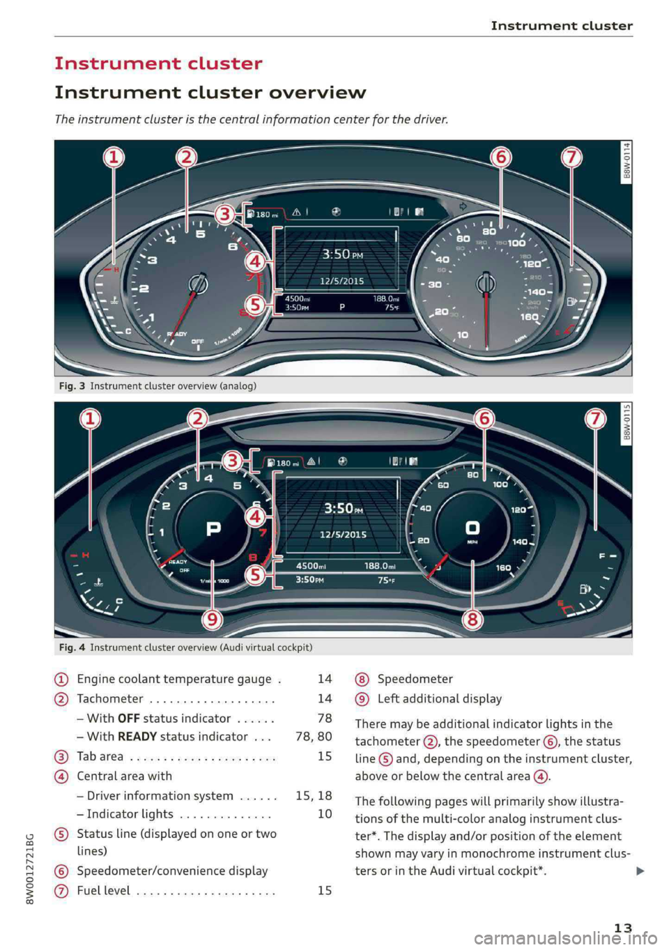 AUDI A4 2019 User Guide Instrumentcluster
 
Instrumentclusteroverview
Theinstrumentclusteristhecentralinformationcenterforthedriver.
|
sew-0114]
Beolel
12/5/2015
 
B8W-0115. 
e
ERT
aPILYploy
CeufFer
 
Fig.4Instrumentclustero