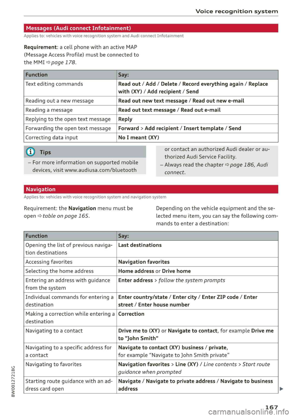 AUDI A4 2019 Owners Manual 8W0012721BG
Voicerecognitionsystem
Messages(AudiconnectInfotainment)
Appliesto:vehicleswithvoicerecognitionsystemandAudiconnectInfotainment
Requirement:acellphonewithanactiveMAP
(MessageAccessProfil AUDI A4 2019 Owners Manual 8W0012721BG
Voicerecognitionsystem
Messages(AudiconnectInfotainment)
Appliesto:vehicleswithvoicerecognitionsystemandAudiconnectInfotainment
Requirement:acellphonewithanactiveMAP
(MessageAccessProfil