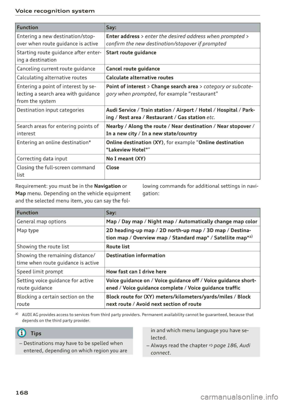 AUDI A4 2019 Owners Manual Voicerecognitionsystem
FunctionSay:
Enteringanewdestination/stop-
overwhenrouteguidanceisactive
Enteraddress>enterthedesiredaddresswhenprompted>
confirmthenewdestination/stopoverifprompted
Sta AUDI A4 2019 Owners Manual Voicerecognitionsystem
FunctionSay:
Enteringanewdestination/stop-
overwhenrouteguidanceisactive
Enteraddress>enterthedesiredaddresswhenprompted>
confirmthenewdestination/stopoverifprompted
Sta