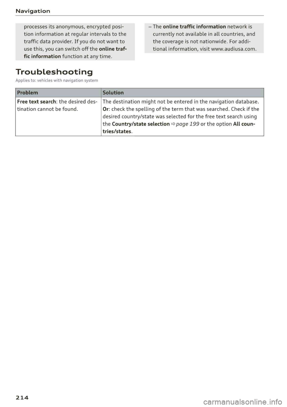 AUDI A4 2019 Owners Manual Navigation
Processesitsanonymous,encryptedposi-— Theonlinetrafficinformationnetworkis
tioninformationatregularintervalstothecurrentlynotavailableinallcountries,and
trafficdataprovider.Ifyoudonotwant AUDI A4 2019 Owners Manual Navigation
Processesitsanonymous,encryptedposi-— Theonlinetrafficinformationnetworkis
tioninformationatregularintervalstothecurrentlynotavailableinallcountries,and
trafficdataprovider.Ifyoudonotwant