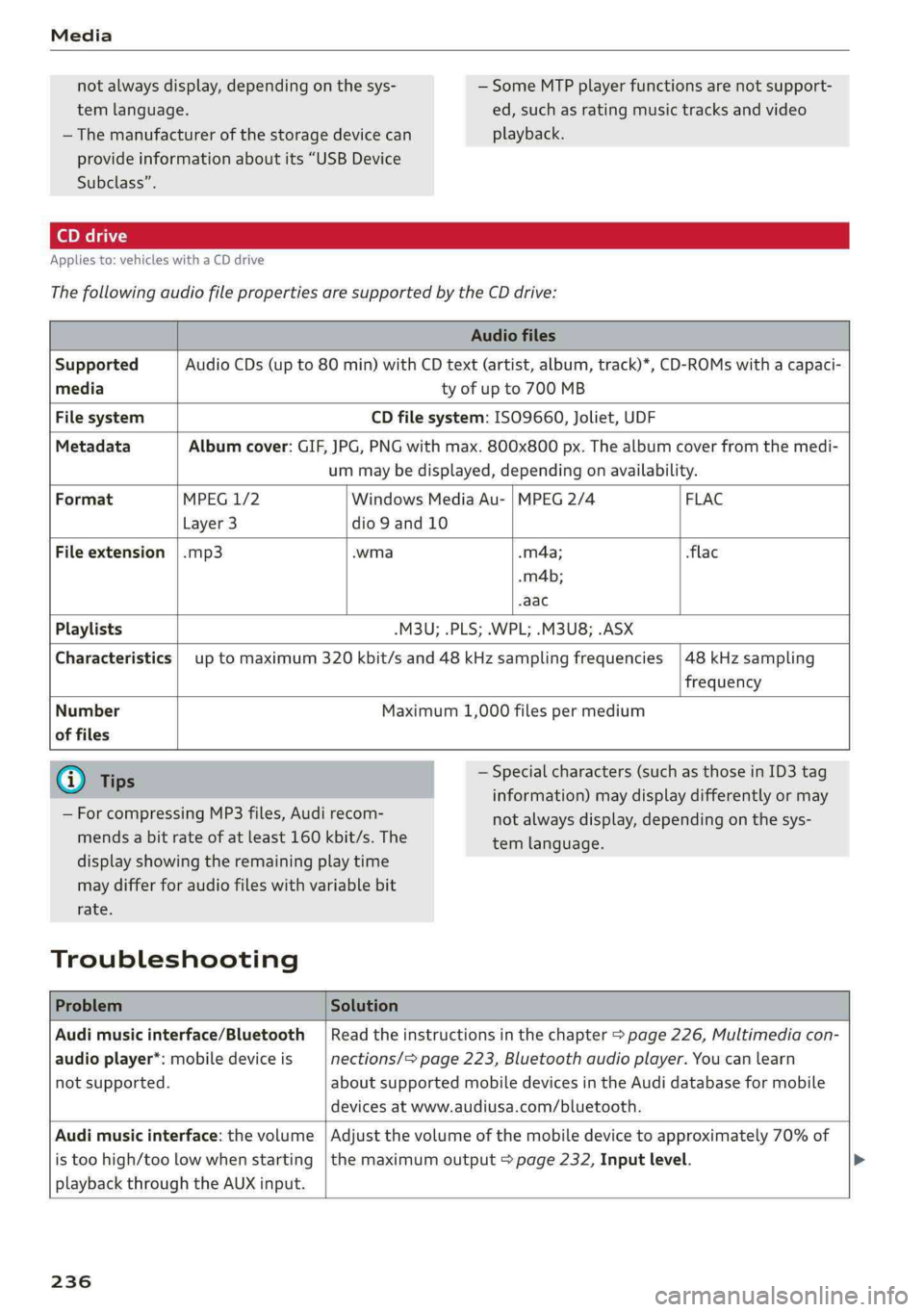 AUDI A4 2019 Owners Manual Media
 
notalwaysdisplay,dependingonthesys-—SomeMTPplayerfunctionsarenotsupport-
temlanguage.ed,suchasratingmusictracksandvideo
— Themanufacturerofthestoragedevicecanplayback.
provideinformationab