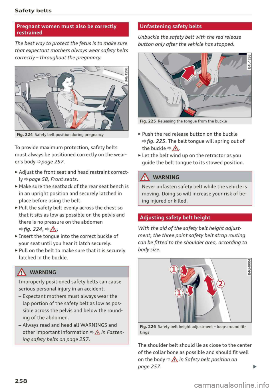 AUDI A4 2019  Owners Manual Safetybelts
 
Pregnantwomenmustalsobecorrectly
restrained
Thebestwaytoprotectthefetusistomakesure
thatexpectantmothersalwayswearsafetybelts
correctly-throughoutthepregnancy.
 
B4L-1296  
 
 
  
Fig.22