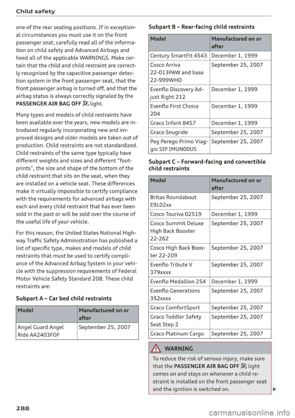 AUDI A4 2019 Owners Manual Childsafety
oneoftherearseatingpositions.Ifinexception-
alcircumstancesyoumustuseitonthefront
passengerseat,carefullyreadalloftheinforma-
tiononchildsafetyandAdvancedAirbagsand
heedalloftheapplicabl AUDI A4 2019 Owners Manual Childsafety
oneoftherearseatingpositions.Ifinexception-
alcircumstancesyoumustuseitonthefront
passengerseat,carefullyreadalloftheinforma-
tiononchildsafetyandAdvancedAirbagsand
heedalloftheapplicabl