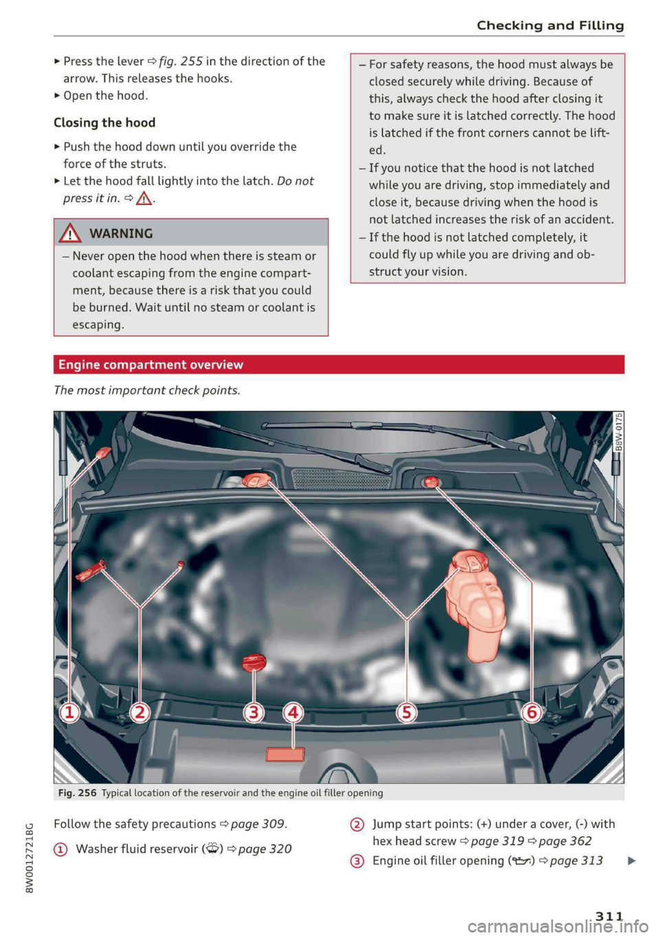 AUDI A4 2019  Owners Manual 8W0012721BG
CheckingandFilling
 
>Pressthelever>fig.255inthedirectionofthe
arrow.Thisreleasesthehooks.
>Openthehood.
Closingthehood
>Pushthehooddownuntilyouoverridethe
forceofthestruts.
>»Letthehoodf