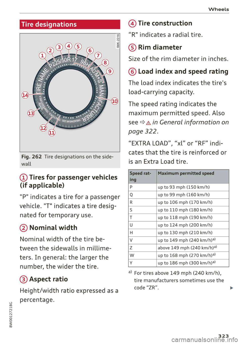 AUDI S4 2019  Owners Manual 8W0012721BG
Wheels
 
Tiredesignations
 
B8K-2316
 
   
Fig.262Tiredesignationsontheside-
wall
@Tiresforpassengervehicles
(ifapplicable)
"P"indicatesatireforapassenger
vehicle."T"indica