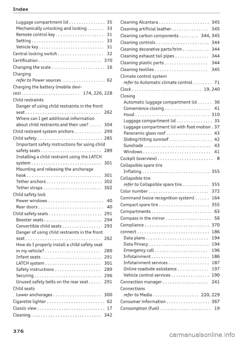 AUDI S4 2019 Owners Manual Index
Luggagecompartmentlid...............35
Mechanicallyunlockingandlocking.......33
Remotecontrolkey...0.0...cbeeeeeeens31
Settingx 2wcmse6vemos2cormsooomnesvvvee33)
Vehiclekey....00...ceceeeeeee AUDI S4 2019 Owners Manual Index
Luggagecompartmentlid...............35
Mechanicallyunlockingandlocking.......33
Remotecontrolkey...0.0...cbeeeeeeens31
Settingx 2wcmse6vemos2cormsooomnesvvvee33)
Vehiclekey....00...ceceeeeeee