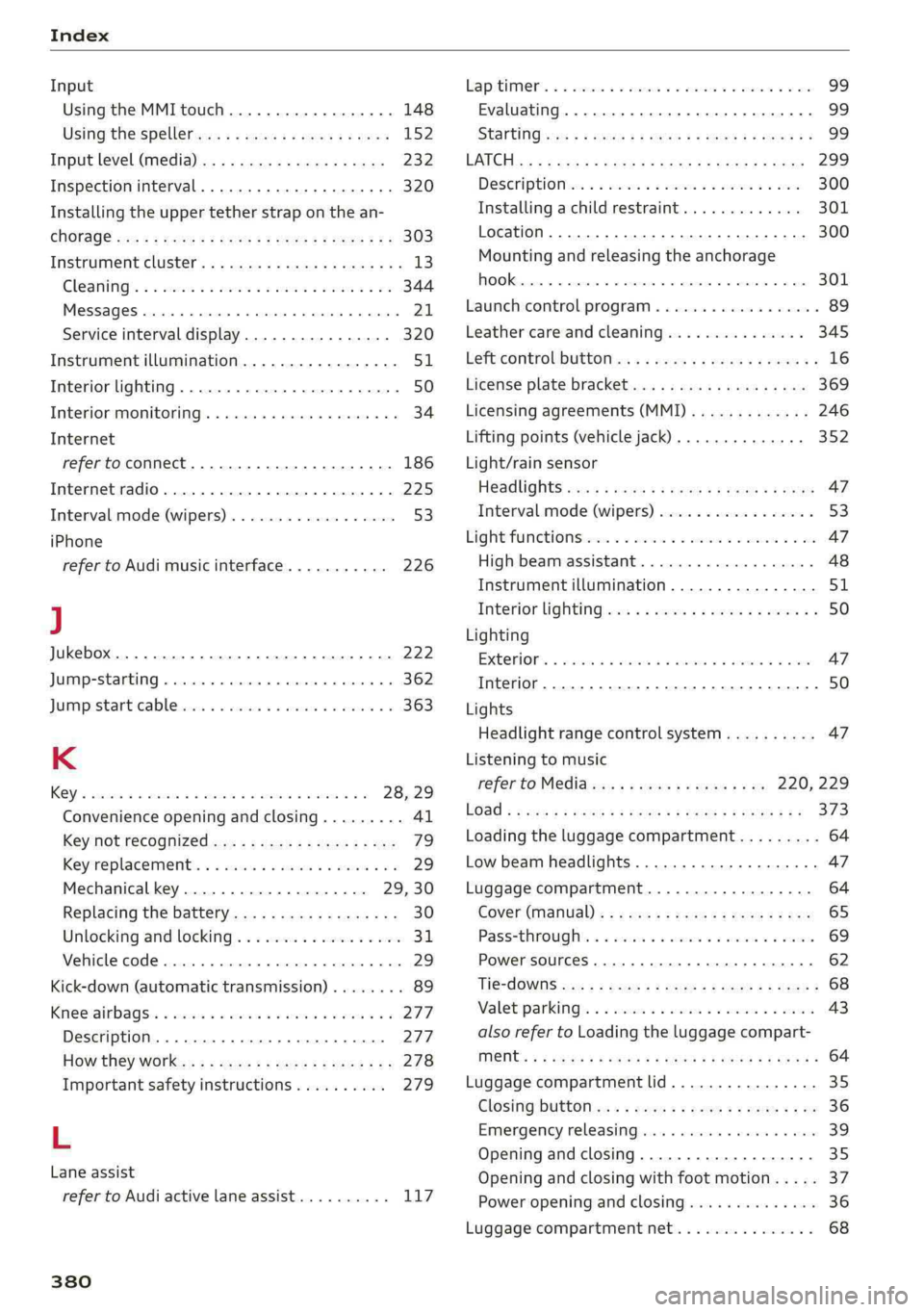 AUDI S4 2019  Owners Manual Index
 
Input
UsingtheMMItouch................4.148
Usingthe:spellervs...eee.seeveeseeen152
InputleVel.(media)...6cassihowesssees232
Inspectioninterval........00...eeeeae 320
Installingtheuppertethers