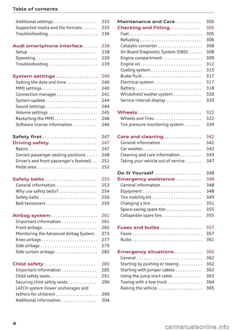 AUDI A4 2019  Owners Manual Tableofcontents
 
Additionalsettings..................
Supportedmediaandfileformats......
Troubleshootingwoz:« &seesseorsssee
Operating).«viewvswinewearsem«>mee¥ o
TrOUBLESHOOEIAGvcsivessverminoes