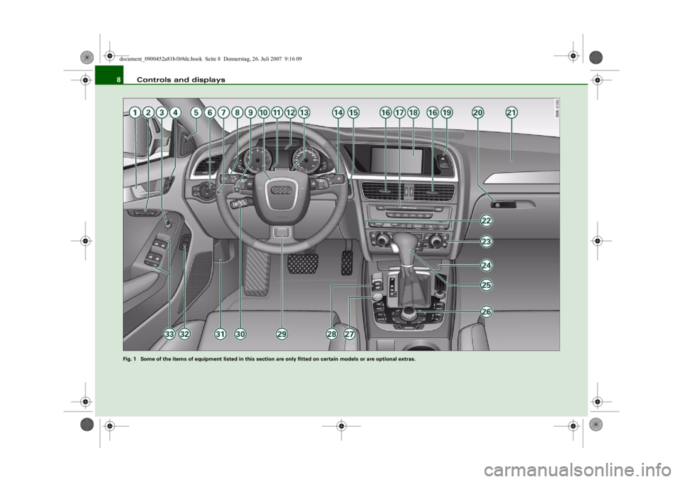 AUDI S4 2008  Owners Manual Controls and displays 8
Fig. 1  Some of the items of equipment listed in this section are only fitted on certain models or are optional extras.document_0900452a81b1b9de.book  Seite 8  Donnerstag, 26. 