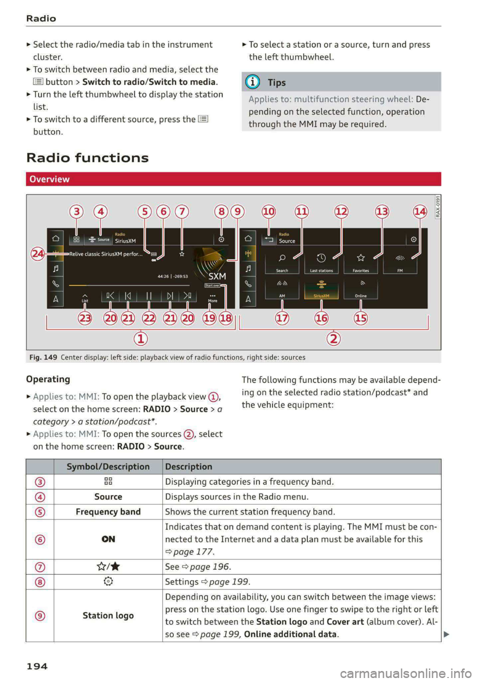 AUDI S4 2021 Owners Manual Radio
> Select the radio/media tab in the instrument > To select a station or a source, turn and press
cluster. the left thumbwheel.
> To switch between radio and media, select the
button > Swi AUDI S4 2021 Owners Manual Radio
> Select the radio/media tab in the instrument > To select a station or a source, turn and press
cluster. the left thumbwheel.
> To switch between radio and media, select the
button > Swi
