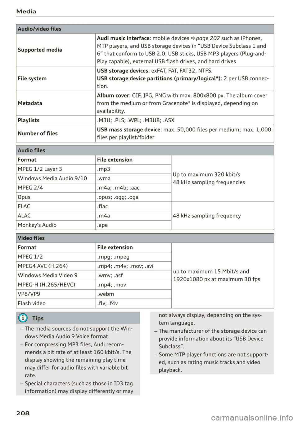 AUDI S4 2021 Owners Manual Media
Audio/video files
Supported media
Audi music interface: mobile devices > page 202 such as iPhones,
MTP players, and USB storage devices in “USB Device Subclass 1 and
6” that co AUDI S4 2021 Owners Manual Media
Audio/video files
Supported media
Audi music interface: mobile devices > page 202 such as iPhones,
MTP players, and USB storage devices in “USB Device Subclass 1 and
6” that co